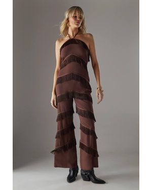 Warehouse Premium Fringe Halter Jumpsuit - Brown
