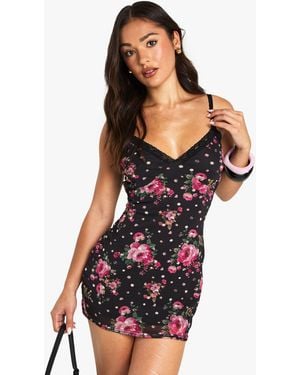 Boohoo Petite Ditsy Floral Contrast Lace Trim Mesh Slip Dress - Black