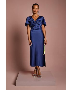 Oasis Petite Satin Twist Angel Sleeve Midi Bridesmaid Dress - Blue