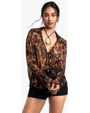 Boohoo Leopard Printed Woven Long Sleeve Collared Top With Tie Front Detail - Black