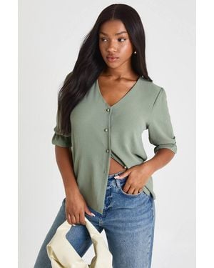 Boohoo Hammered Puff Sleeve Button Front Blouse - Green