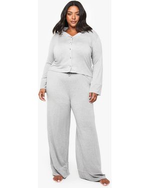 Boohoo Plus Super Soft Modal Long Sleeve Shirt & Trouser Pajama Set - Gray