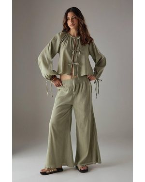 Warehouse Cheesecloth Shirred Waist Wide Leg Pants - Green