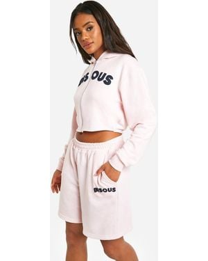 Boohoo Bisous Denim Applique Crop Zip Through Hoodie - White