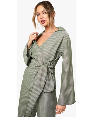 Boohoo Striped Wrap Tie Blouse - Green