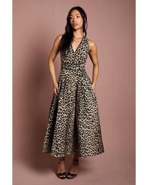 Coast V Neck Animal Jacquard Midi Dress - Brown