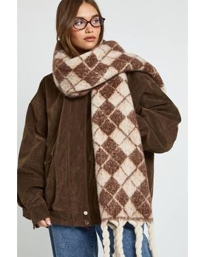 Boohoo Argyle Tassel Fluffy Scarf - Brown