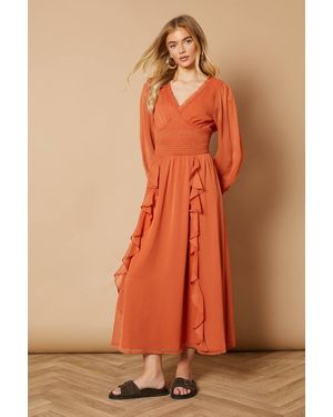 Oasis Plain Ruffle Detail Shirred Waist Midaxi Dress - Orange