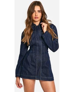 Boohoo Cinched Waist Denim Western Shirt Dress - Blue