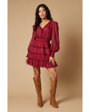 Oasis Petite Plain Organza Ruffle Detail Mini Dress - Red