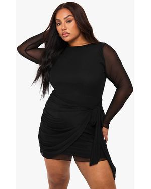 Boohoo Plus Mesh Wrap Mini Dress - Black