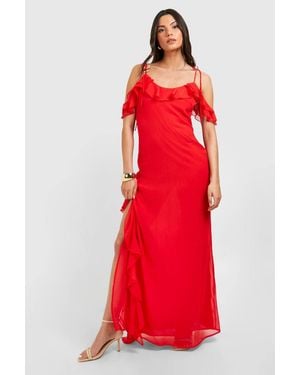 Boohoo Chiffon Ruffle Split Maxi Dress - Red