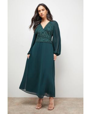 Oasis Lace Front Balloon Sleeve Midi Dress - Green