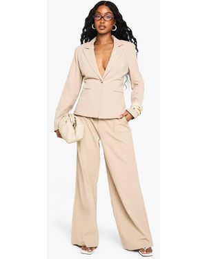 Boohoo Tailored Linen Look Straight Leg Pants - Natural