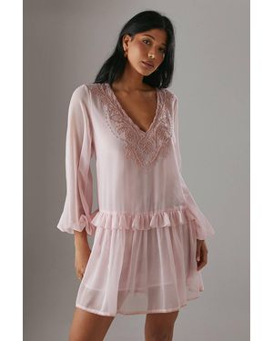 Warehouse Hand Embellished Chiffon Sequin Mini Smock Dress - Pink