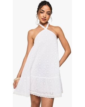 Boohoo Broderie Anglaise Halter Neck Mini Dress - White