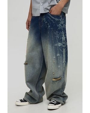 Boohoo Super Baggy Extreme Washed Laser Printed Denim Jeans - Azul