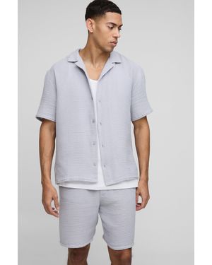 BoohooMAN Oversized Revere Waffle Shirt & Short Set - Grey