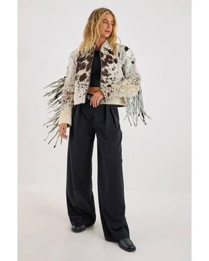 Nasty Gal Animal Cow Hide Leather Zip Through Fringe Jacket - Brown
