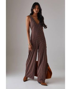 Warehouse Premium Hand Embellished Diamante Sequin Plunge Neck Jumpsuit - Brown