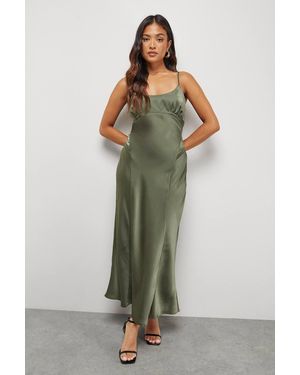 Warehouse Petite Satin Tie Bust Seam Strappy Midi Slip Dress - Green