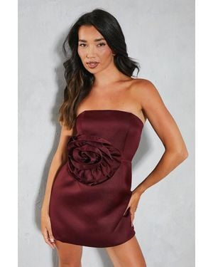 MissPap Premium Satin Floral Bandeau Mini Dress - Red
