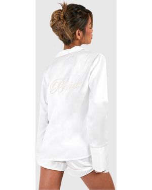 Boohoo Bridal 'Bride' Embroidered Long Sleeve Shirt & Shorts Pajama Set - White