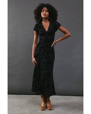 Warehouse Velvet Mesh Lace Insert Midi Tea Dress - Black