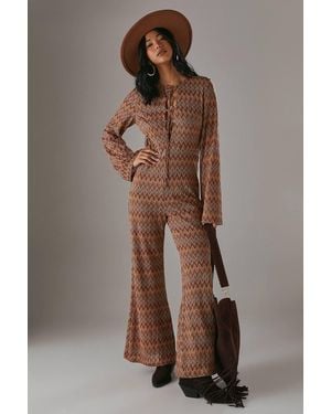 Warehouse Crochet Lattice Front Retro Jumpsuit - Brown