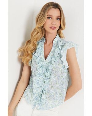 Oasis Printed Embroidered Ruffle Front Top - Blue