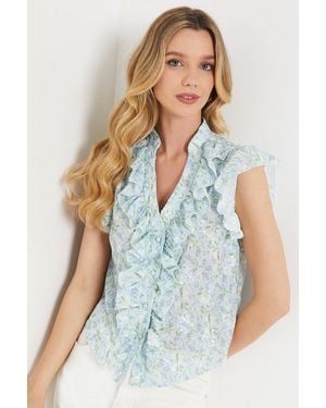 Oasis Printed Embroidered Ruffle Front Top - Blue