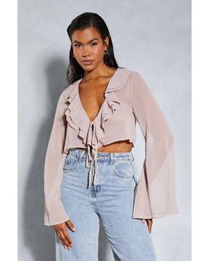 MissPap Chiffon Frill Layered Flute Sleeve Cropped Blouse - Blue