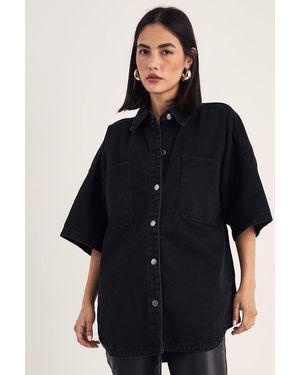 Nasty Gal Denim Boxy Short Sleeve Shirt - Black