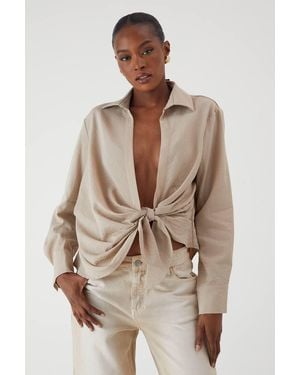 MissPap Linen Look Tie Side Oversized Shirt - Natural