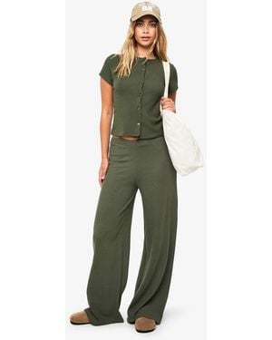 Boohoo Crinkle Rib Button Through Cap Sleeve Top And Trouser Set - Green