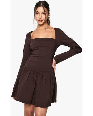 Boohoo Long Sleeve Skater Mini Dress - Brown