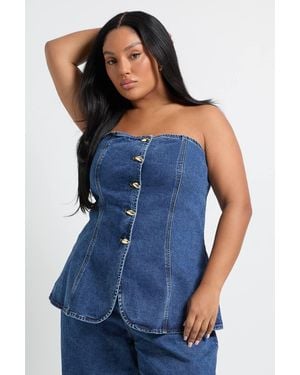 Boohoo Plus Button Detail Bandeau Denim Top - Blue