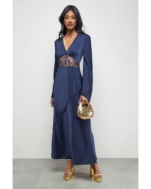 Oasis Satin Lace Insert Flute Sleeve Midi Dress - Blue
