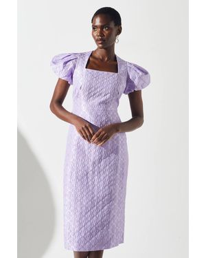 harlow jacquard corset puff sleeve midi dress in blue purple Dresses | Harlow Jacquard Corset Puff Sleeve Midi Dress In Blue Purple