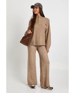 Boohoo Super Soft Zip Neck Oversized Sweater And Wide Leg Trouser Co-Ord - Natural