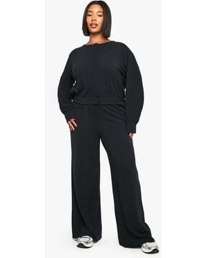 Boohoo Plus Ribbed Button Down Cardigan And Wide Leg Trouser - Black