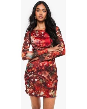 Boohoo Abstract Mesh Cowl Detail Mini Dress - Red