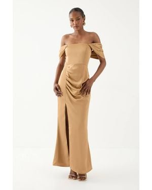 MissPap Bardot Ruched Satin Bridesmaid Dress - Natural