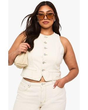 Boohoo Plus Ecru High Neck Denim Waistcoat - White
