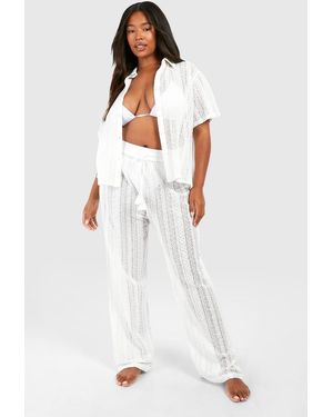 Boohoo Plus Crochet Tassel Beach Trouser - White