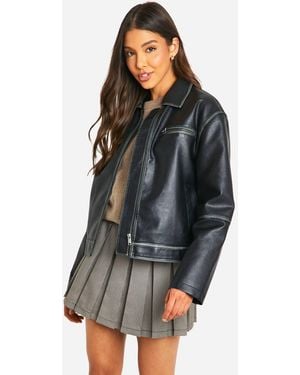Boohoo Vintage Look Faux Leather Zip Jacket - Black