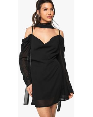 Boohoo Chiffon Scarf Detail Cold Shoulder Mini Dress - Black