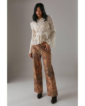 Warehouse Suedette Sequin Lace Up Trouser - Brown