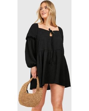 Boohoo Plus Textured Tiered Smock Dress - Black