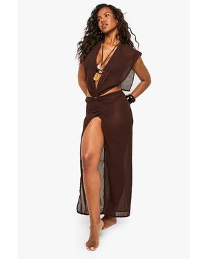 Boohoo Metal Trim Chiffon Cut Out Maxi Beach Dress - Marrón